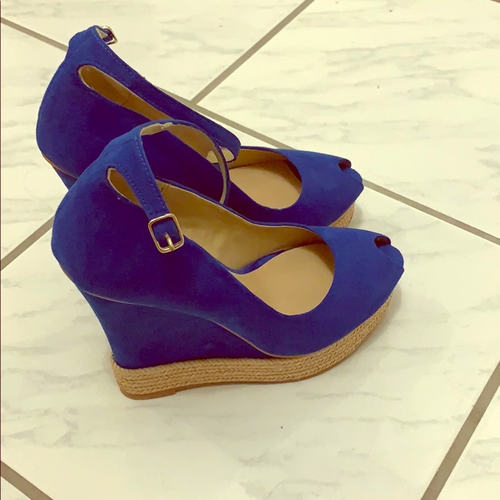Royal blue suede espadrille wedges